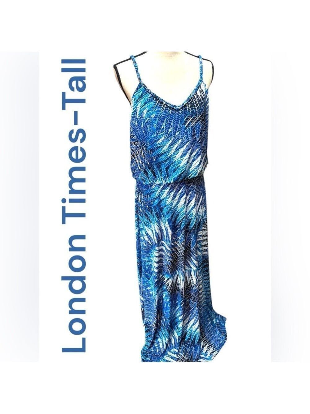 LONDON Times-NWT 14 maxi dress tall.  Pretty  blues/palm leaf pattern! New w/tag